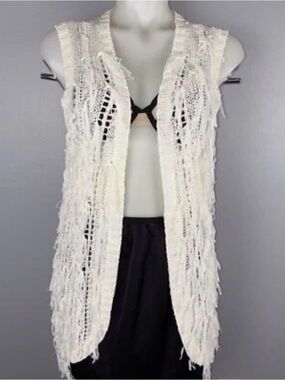 CACHE Cardigan Women’s L Off White Ribbon Open Knit Fringe Sleeveless Boho